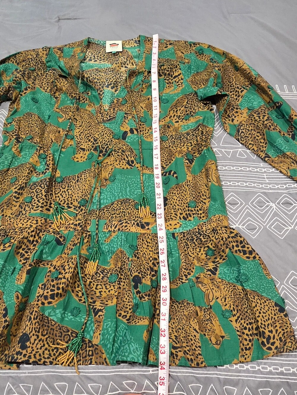 Farm Rio Artsy Leopard Green Long Sleeve Mini Dress Size Medium - Picture 3 of 9